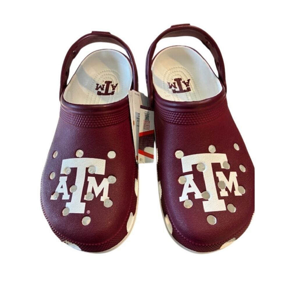 Crocs Texas A&M Aggies NCAA Classic Clogs Slip On Maroon White Logo‎ Size 9 Mens